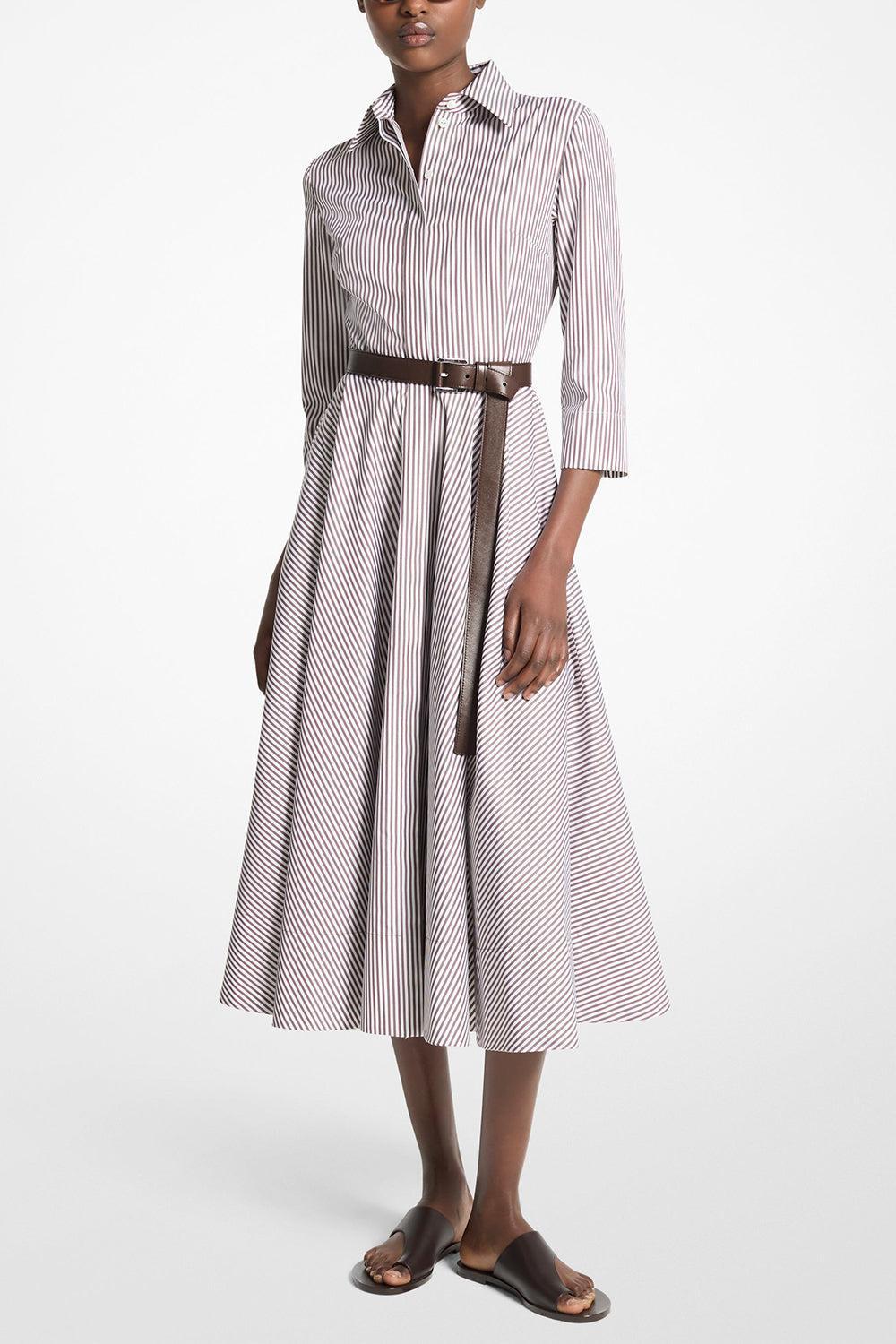 Short Sleeve Shirt Dress-MOCHA/OPTIC WHITE-2-CLOTHINGDRESSCASUAL-MICHAEL KORS COLLECTION
