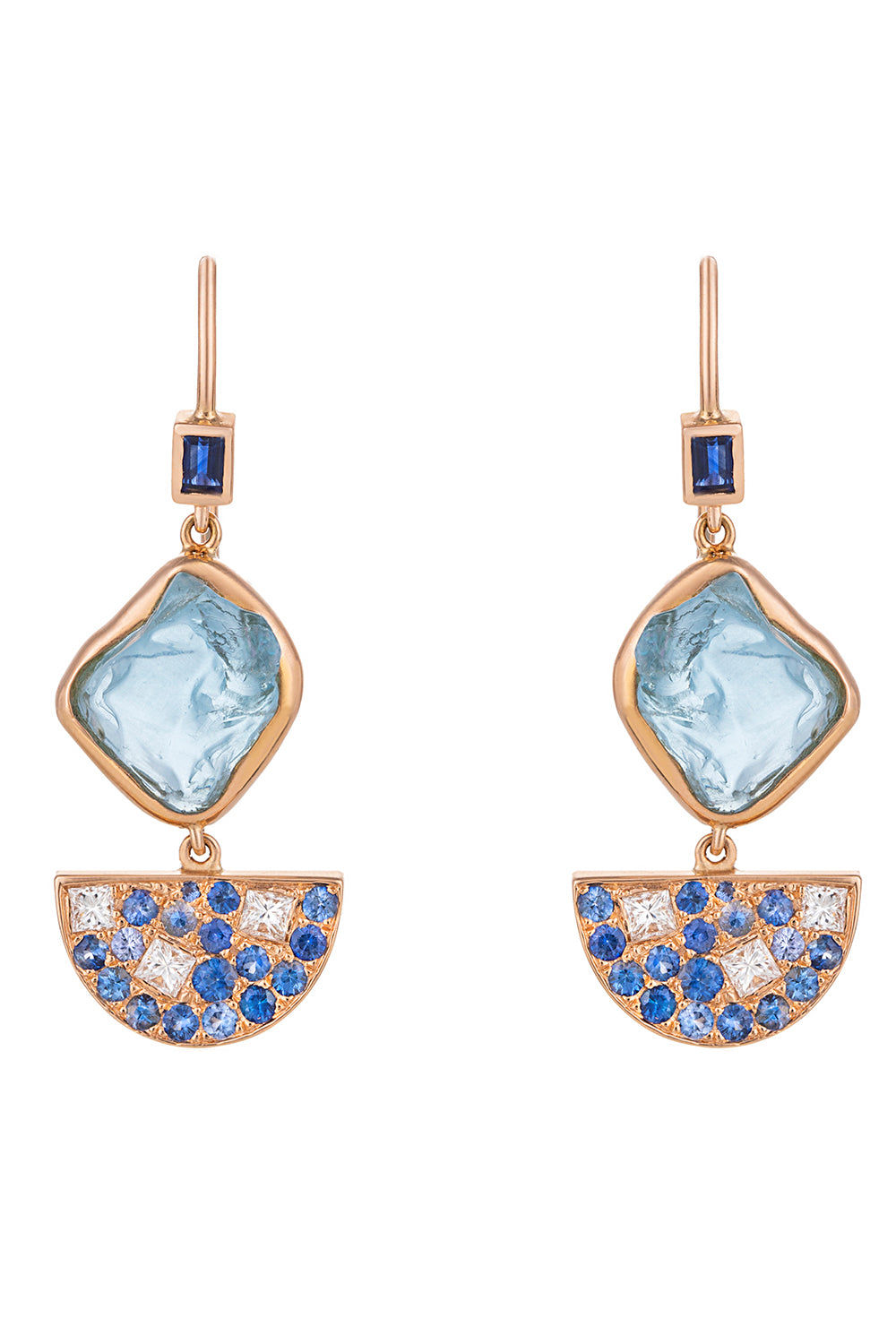 Sapphire Diamond Aquamarine Half Moon Drop Earrings