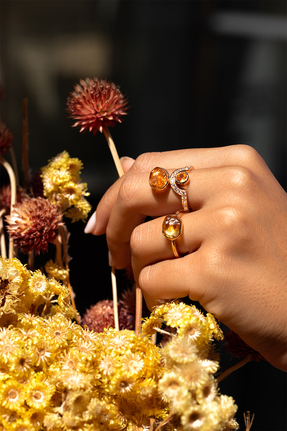 Orange Sapphire Diamond Citrine Half Moon Ring