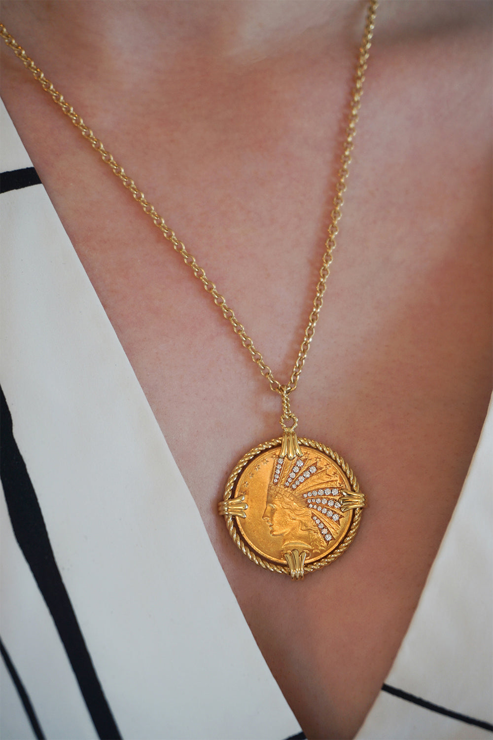Diamond Indian Head Coin Pendant Necklace