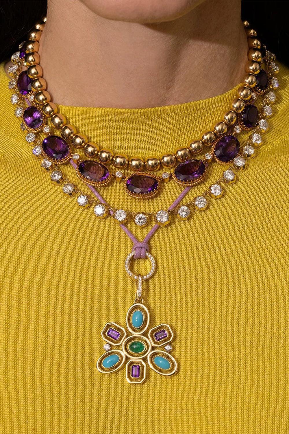 Turquoise Emerald Diamond Shadow Flower Pendant-YELLOW GOLD-JEWELRYFINE JEWELPENDANT-JENNA BLAKE