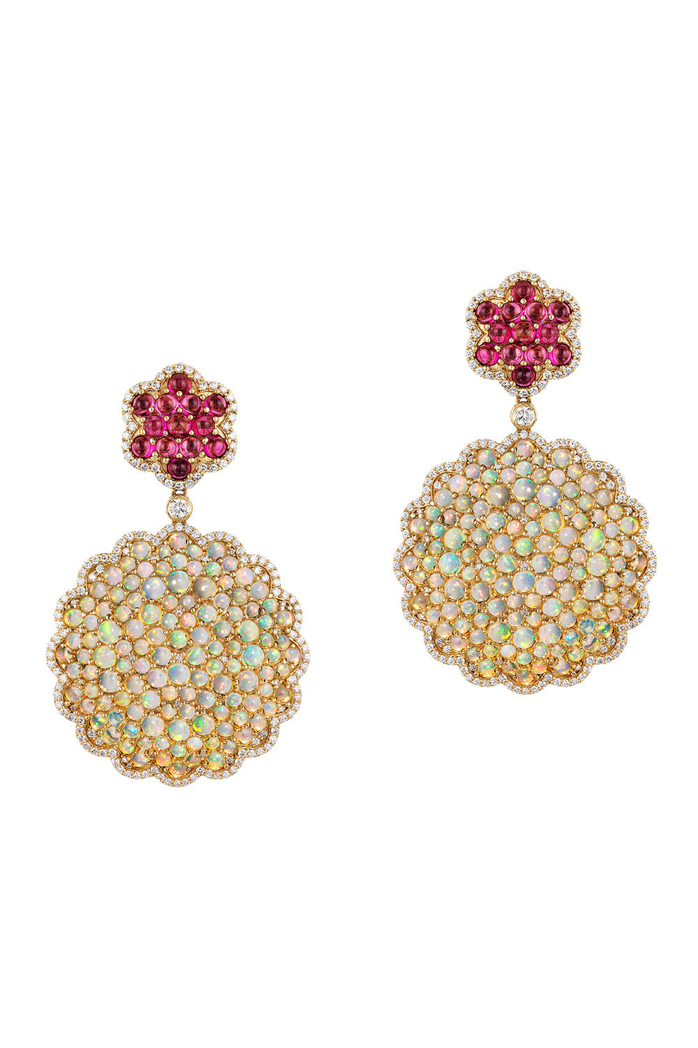 Diamond Opal Rubellite Cabochon Cluster G-One Earrings