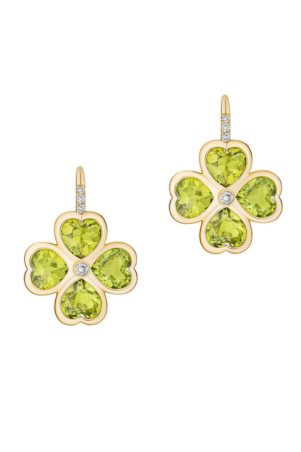 Diamond Peridot Clover G-One Earrings-YELLOW GOLD-JEWELRYFINE JEWELEARRING-GOSHWARA