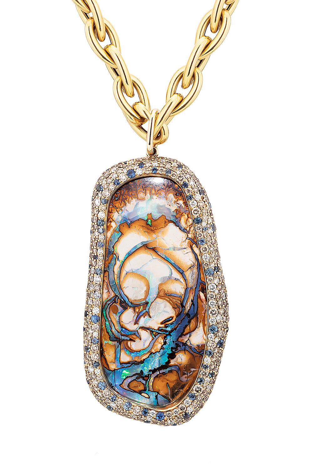 Brown Opal Diamond Sapphire Mosaic Pendant Necklace