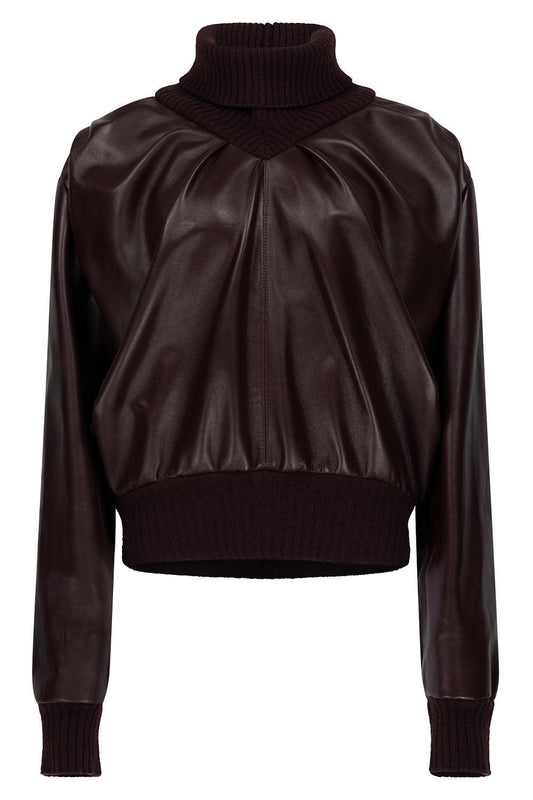 Knitted Collar Leather Top-BROWN-S-CLOTHINGTOPSWEATER-VICTORIA BECKHAM