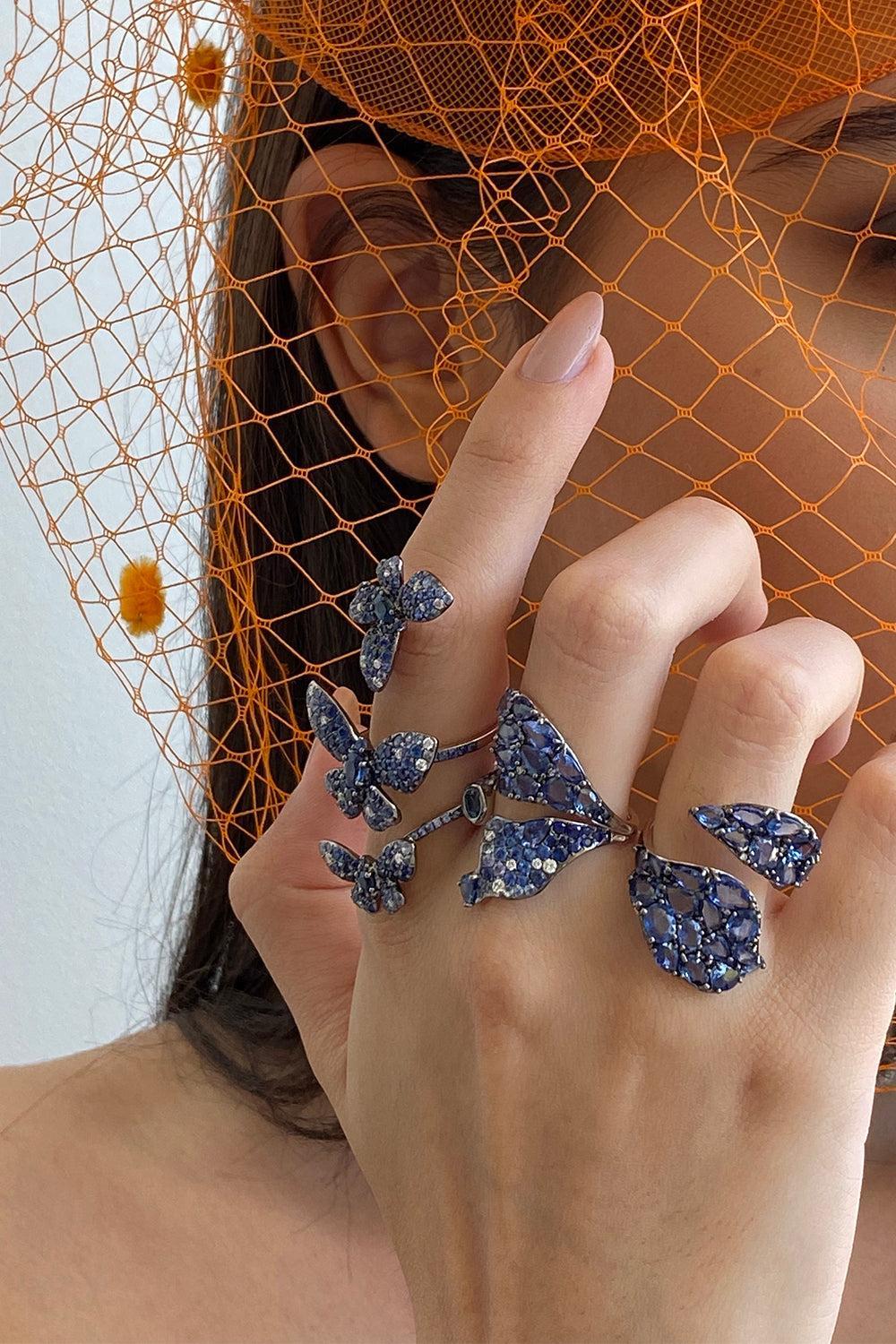 Blue Sapphire Three Butterfly Ring-WHITE GOLD-7-JEWELRYFINE JEWELRING-STEFERE