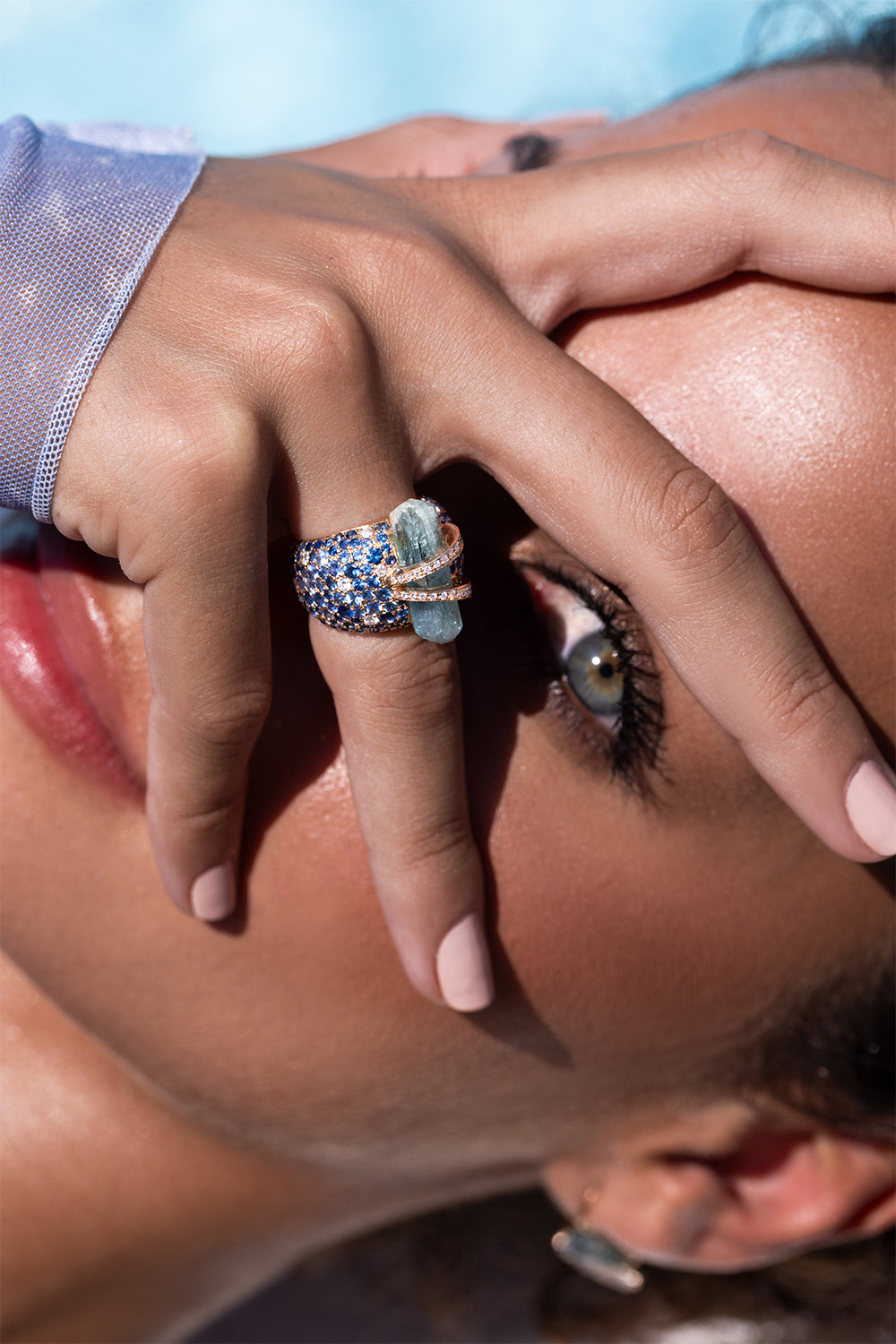 Sapphire Diamond Aquamarine Lunar Bombee Ring