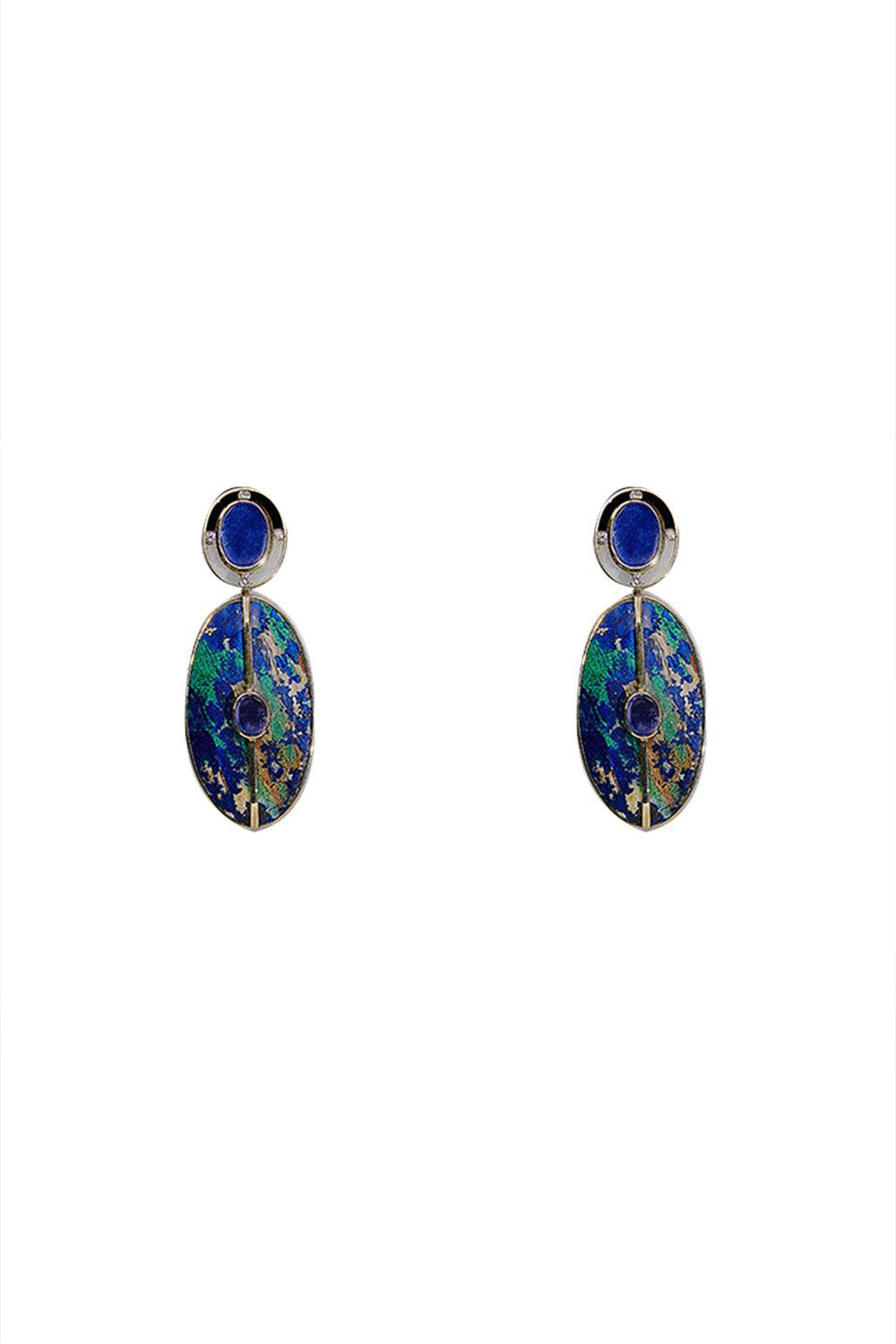 Azurite Malachite Diamond Earrings-YELLOW GOLD-JEWELRYFINE JEWELEARRING-DENISE CASSOU