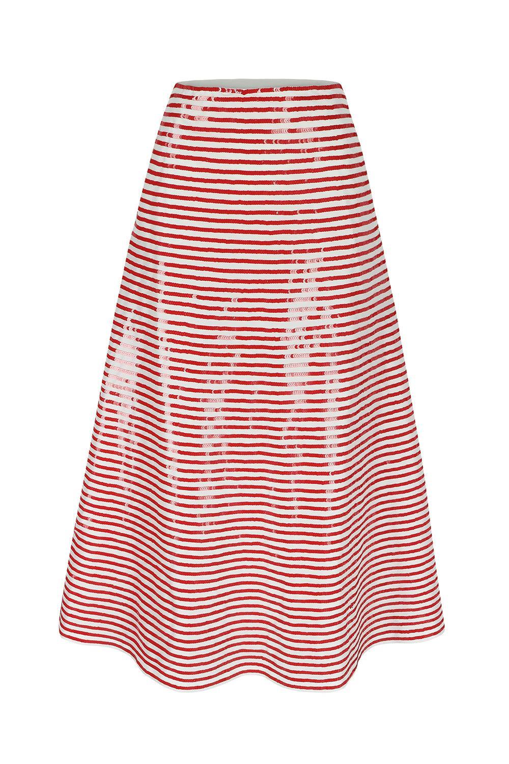 Caswell Skirt - Red Stripe-IVOR/RED-36-CLOTHINGSKIRTMIDI-BERNADETTE