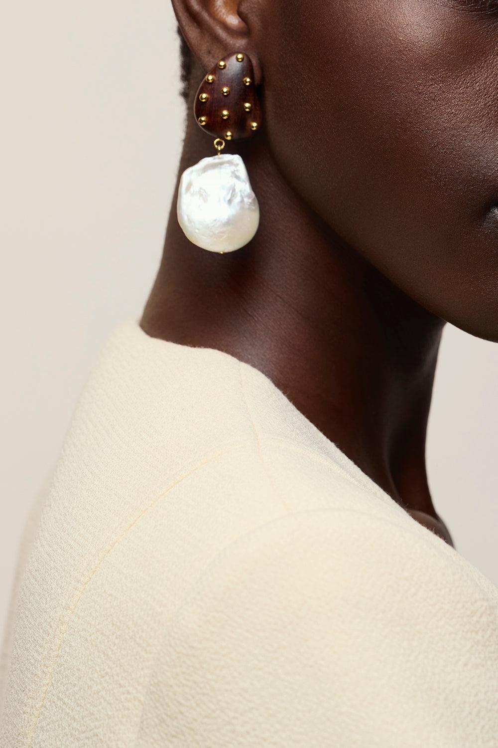 Wood Pearl Orbit Earrings