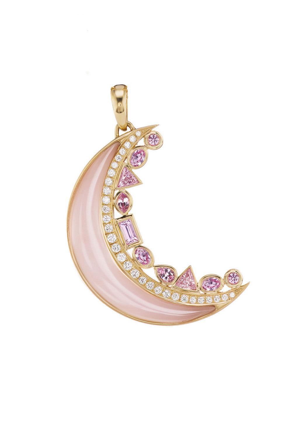 Pink Opal Pink Sapphire Crescent Moon Inlay Pendant-YELLOW GOLD-JEWELRYFINE JEWELPENDANT-SORELLINA