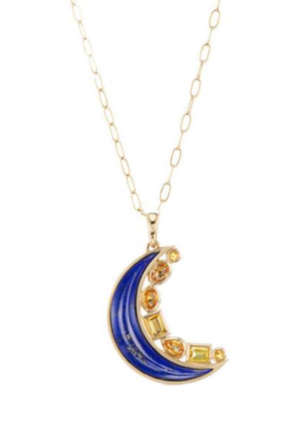 Lapis Yellow Sapphire Mini Crescent Moon Inlay Pendant-YELLOW GOLD-JEWELRYFINE JEWELPENDANT-SORELLINA