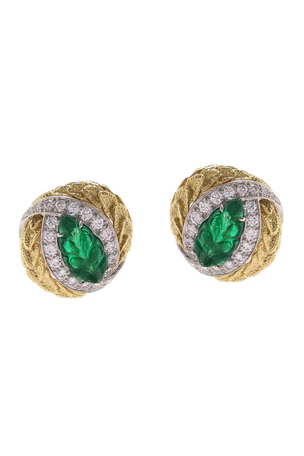 Emerald Laurel Carved Leaf Earrings-YELLOW GOLD-JEWELRYFINE JEWELEARRING-DAVID WEBB