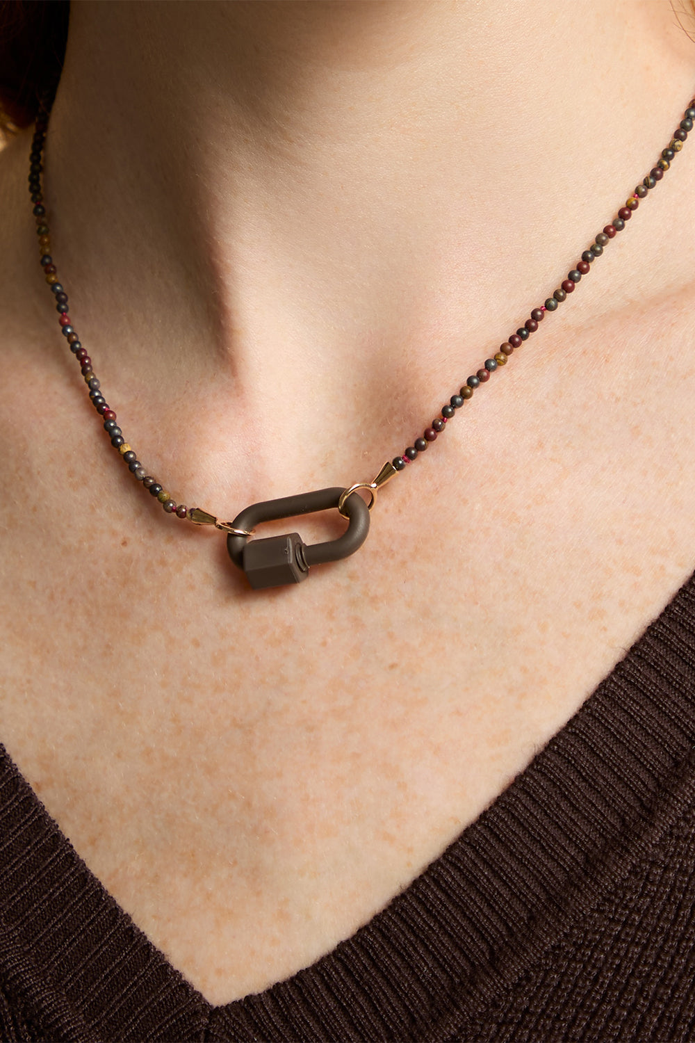 Tiger Iron Tone On Stone Rubber Lock Necklace