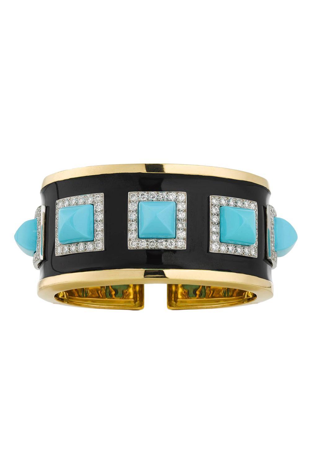 Turquoise Diamond Black Sugarloaf Bastille Cuff Bracelet-YELLOW GOLD-JEWELRYFINE JEWELBRACELET O-DAVID WEBB