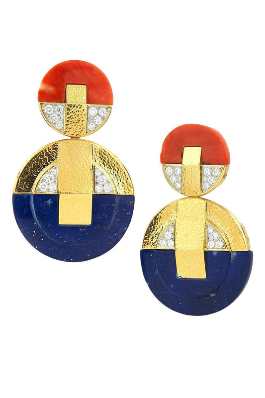 Lapis Coral Diamond Discus Earrings-YELLOW GOLD-JEWELRYFINE JEWELEARRING-DAVID WEBB