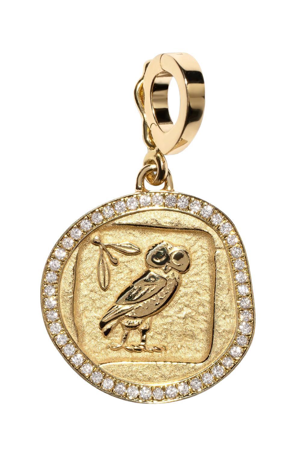 Diamond Border Owl Wisdom Small Coin Charm-YELLOW GOLD-JEWELRYFINE JEWELPENDANT-AZLEE