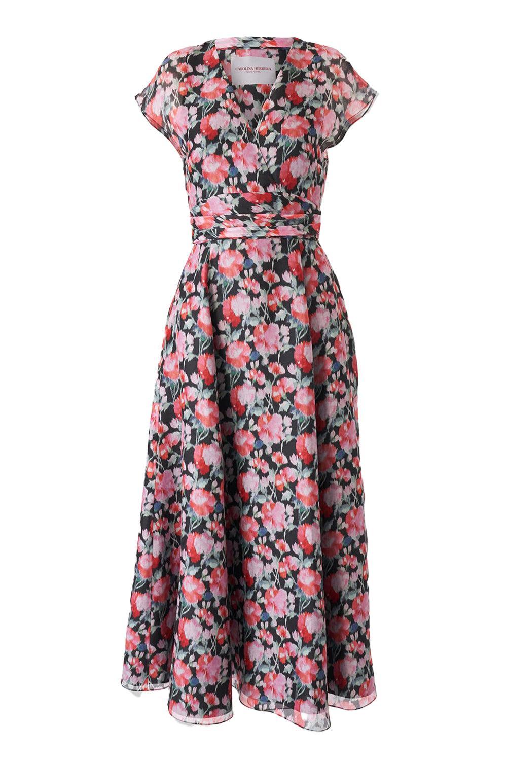 Cap Sleeve Midi Dress-PNK MULT-4-CLOTHINGDRESSCASUAL-CAROLINA HERRERA