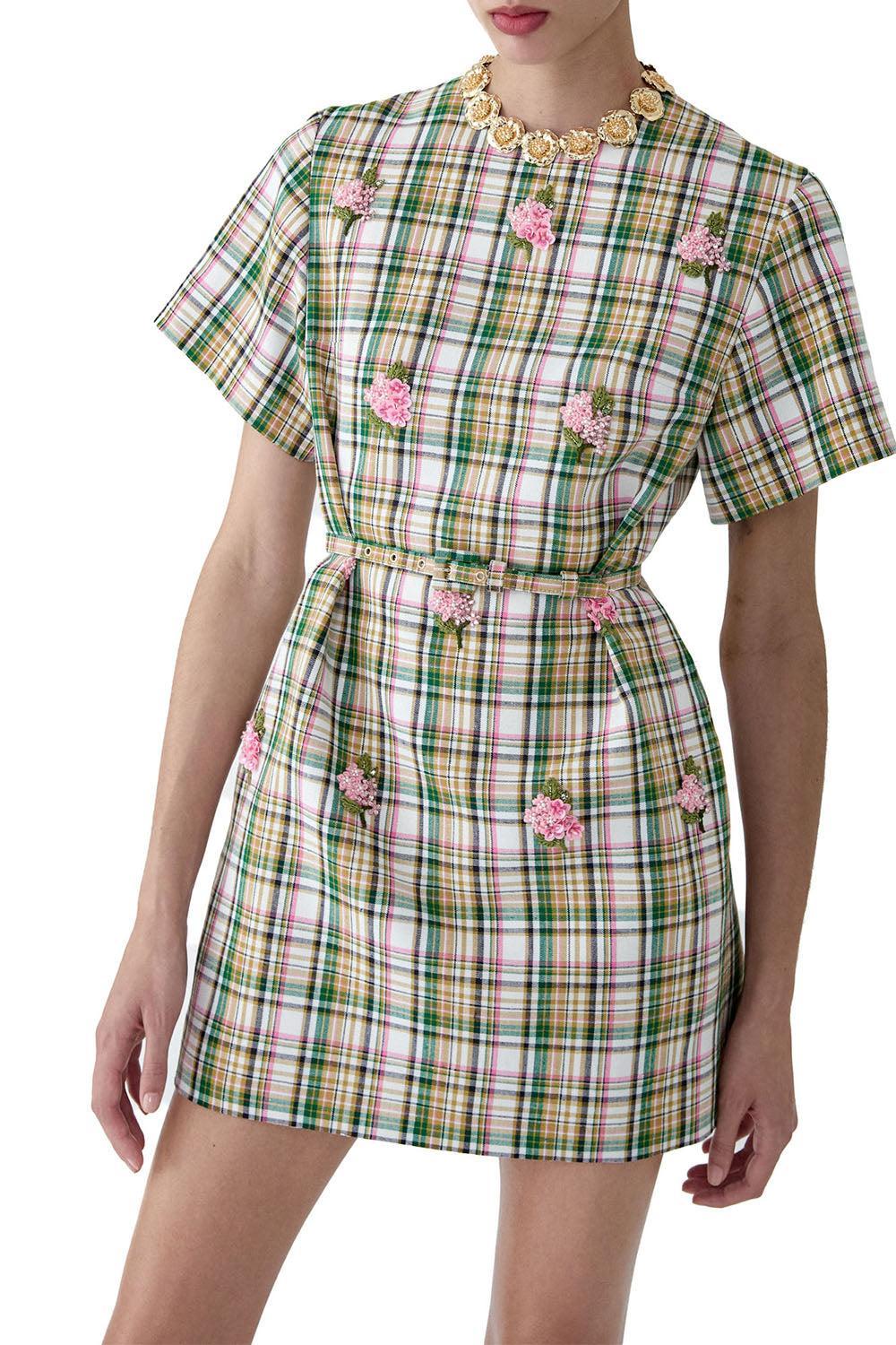 Embellished Short Sleeve Shift Dress-GEOMETRC-2-CLOTHINGDRESSCASUAL-CAROLINA HERRERA