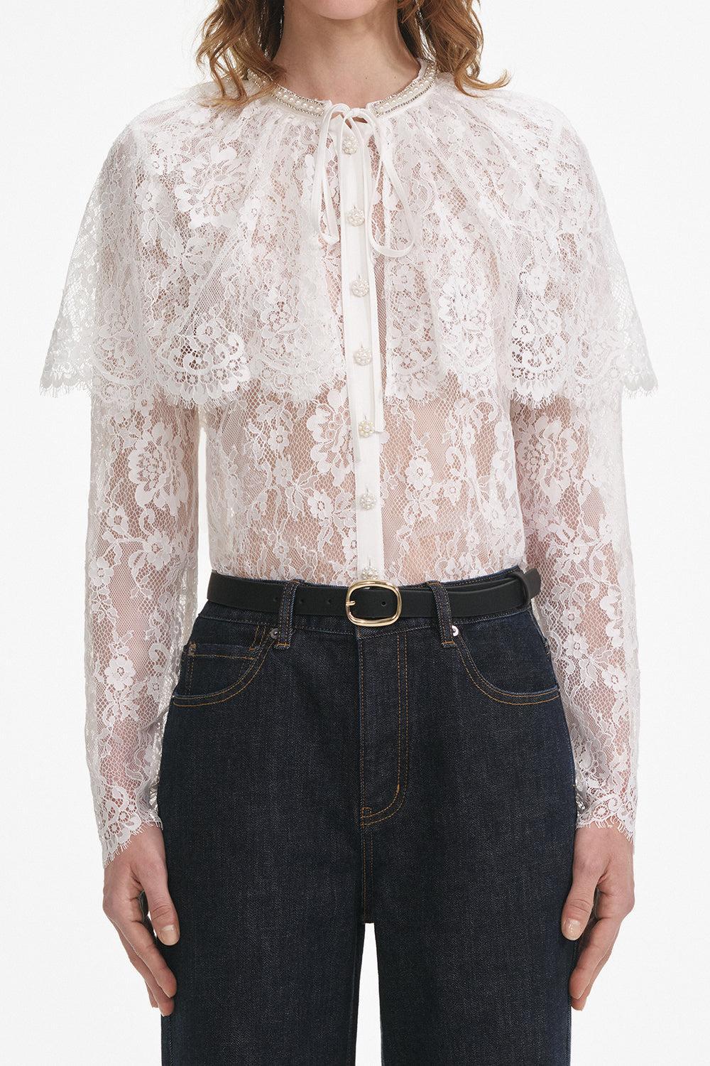 Long Sleeve Cape Top-WHITE-2-CLOTHINGTOPBLOUSE-self-portrait