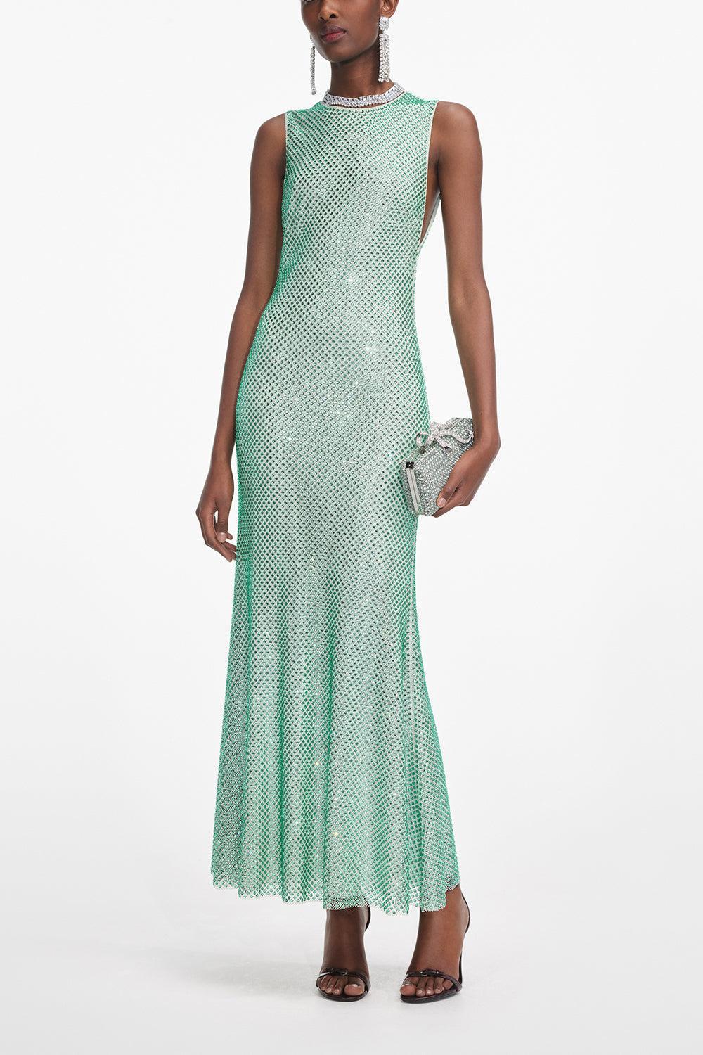 Rhinestone Mesh Midi Dress-MNTGREEN-2-CLOTHINGDRESSGOWN-self-portrait