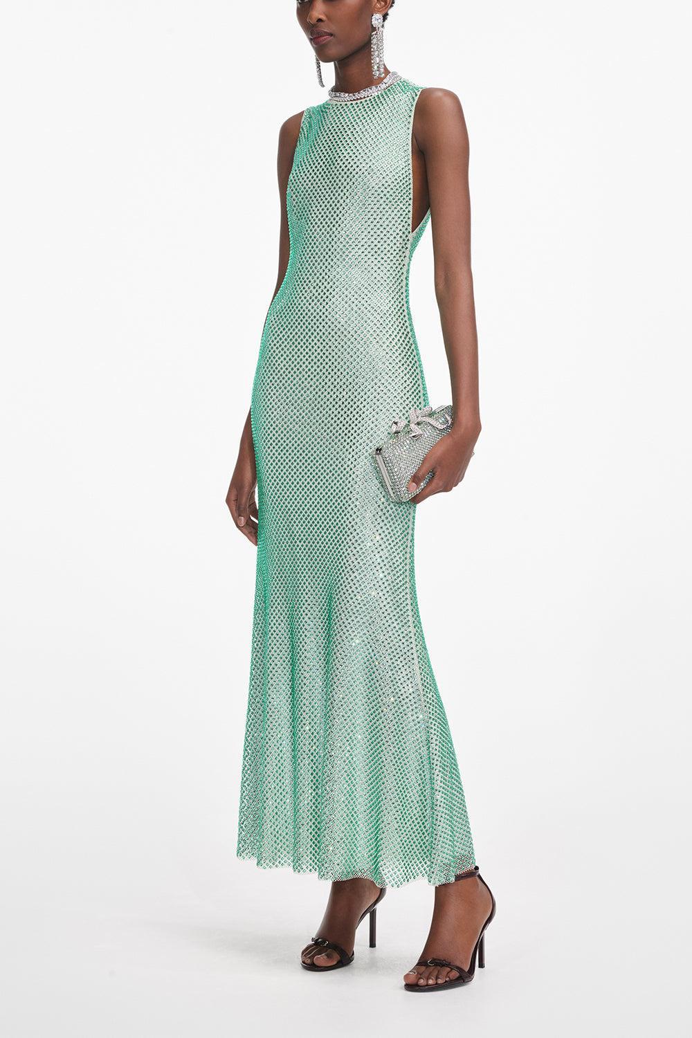 Rhinestone Mesh Midi Dress-MNTGREEN-2-CLOTHINGDRESSGOWN-self-portrait