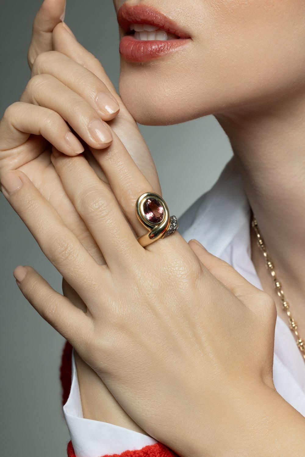Oval Pink Tourmaline Chiffon Ring-YELLOW GOLD-6.5-JEWELRYFINE JEWELRING-MASON & BOOKS
