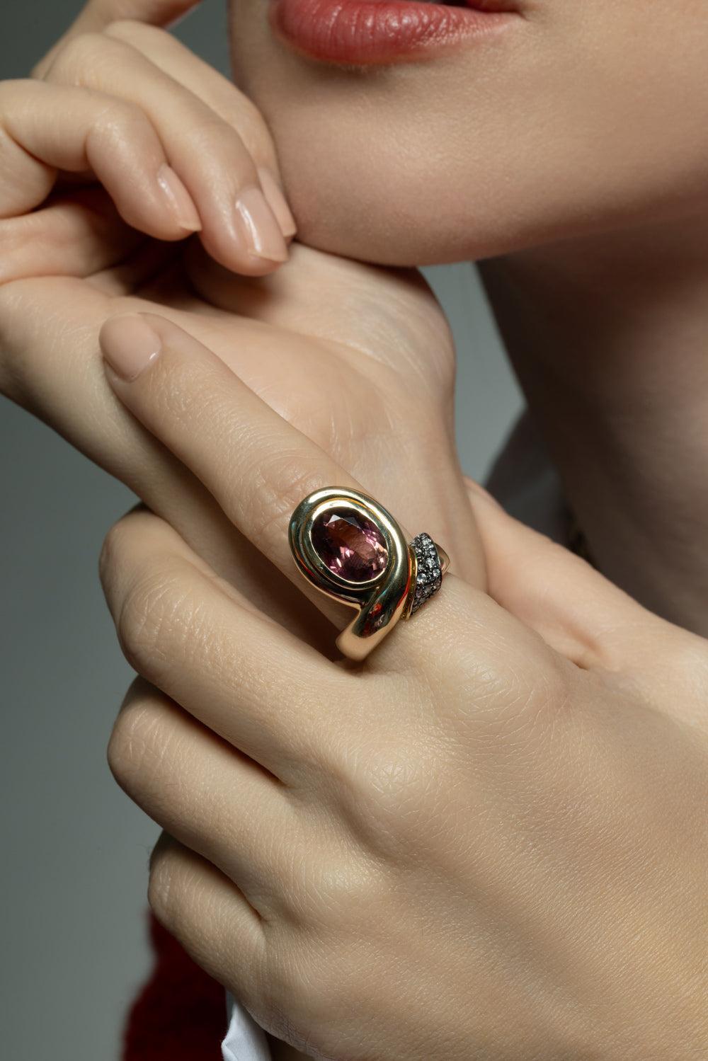 Oval Pink Tourmaline Chiffon Ring-YELLOW GOLD-6.5-JEWELRYFINE JEWELRING-MASON & BOOKS