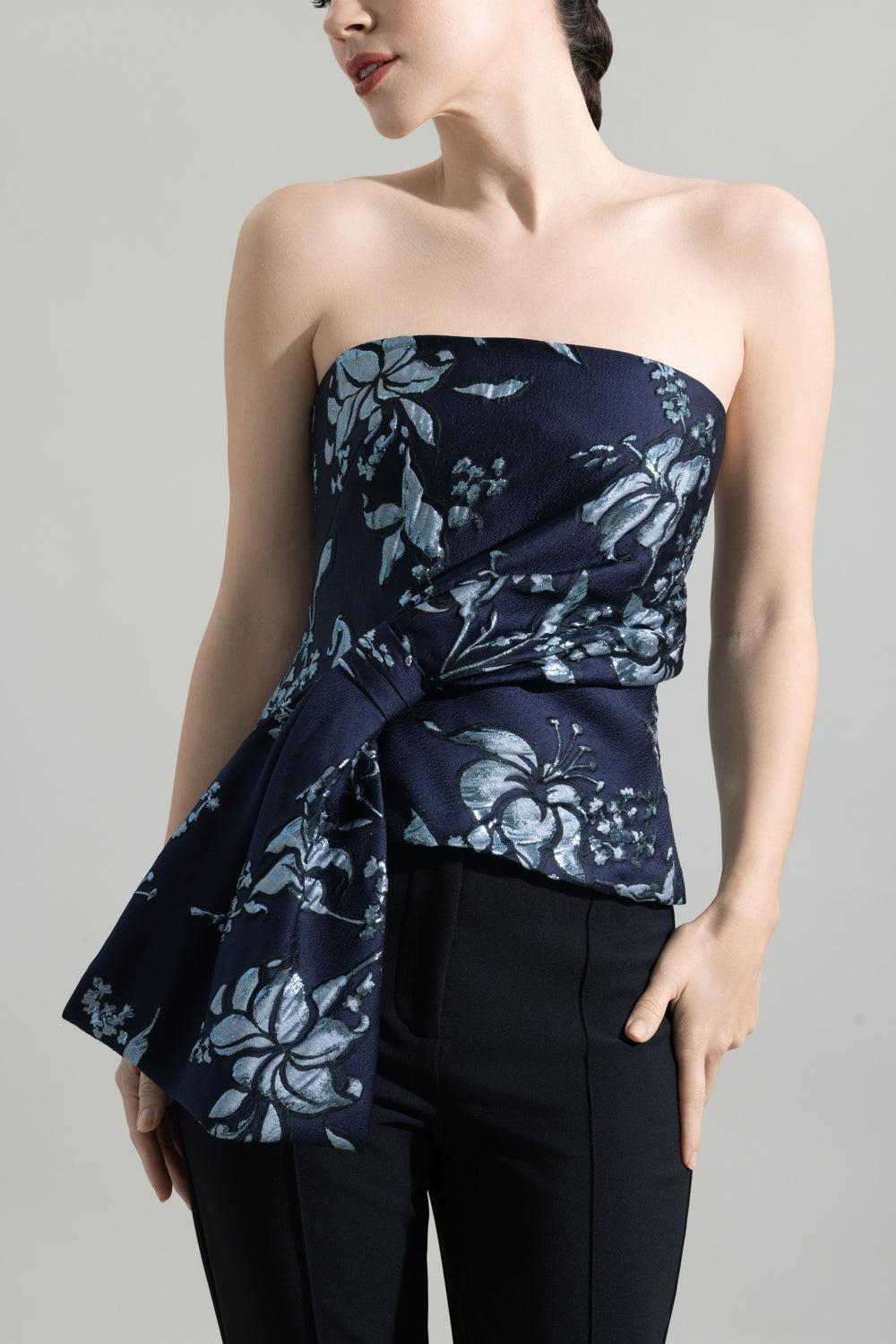 Metallic Floral Jacquard Cascade Top-BLUE-2-CLOTHINGTOPBLOUSE-LELA ROSE