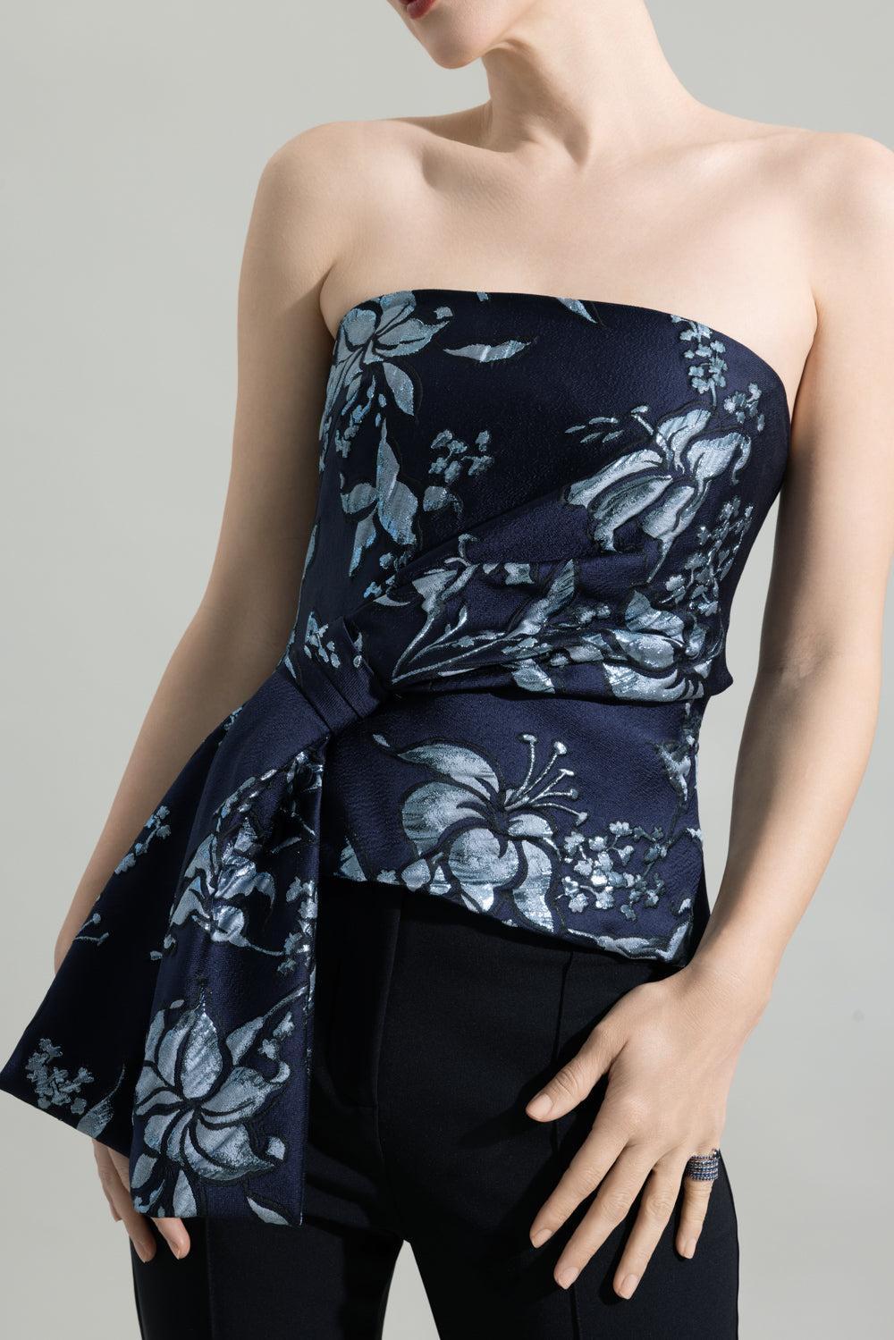 Metallic Floral Jacquard Cascade Top-BLUE-2-CLOTHINGTOPBLOUSE-LELA ROSE