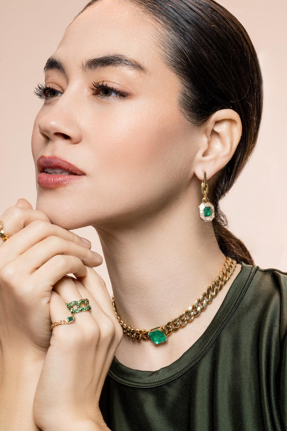 Emerald Diamond Halo Drop Earrings-YELLOW GOLD-JEWELRYFINE JEWELEARRING-SHAY JEWELRY