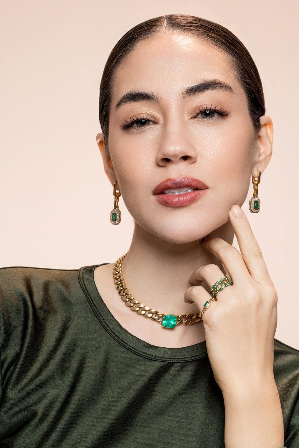 Emerald Diamond Halo Drop Earrings-YELLOW GOLD-JEWELRYFINE JEWELEARRING-SHAY JEWELRY