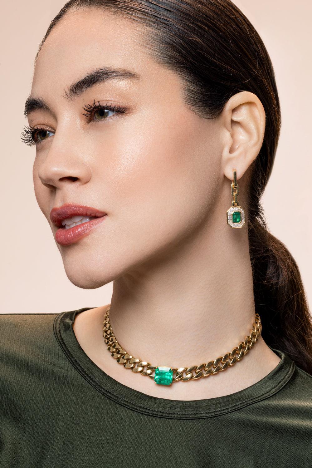 Emerald Diamond Halo Drop Earrings-YELLOW GOLD-JEWELRYFINE JEWELEARRING-SHAY JEWELRY