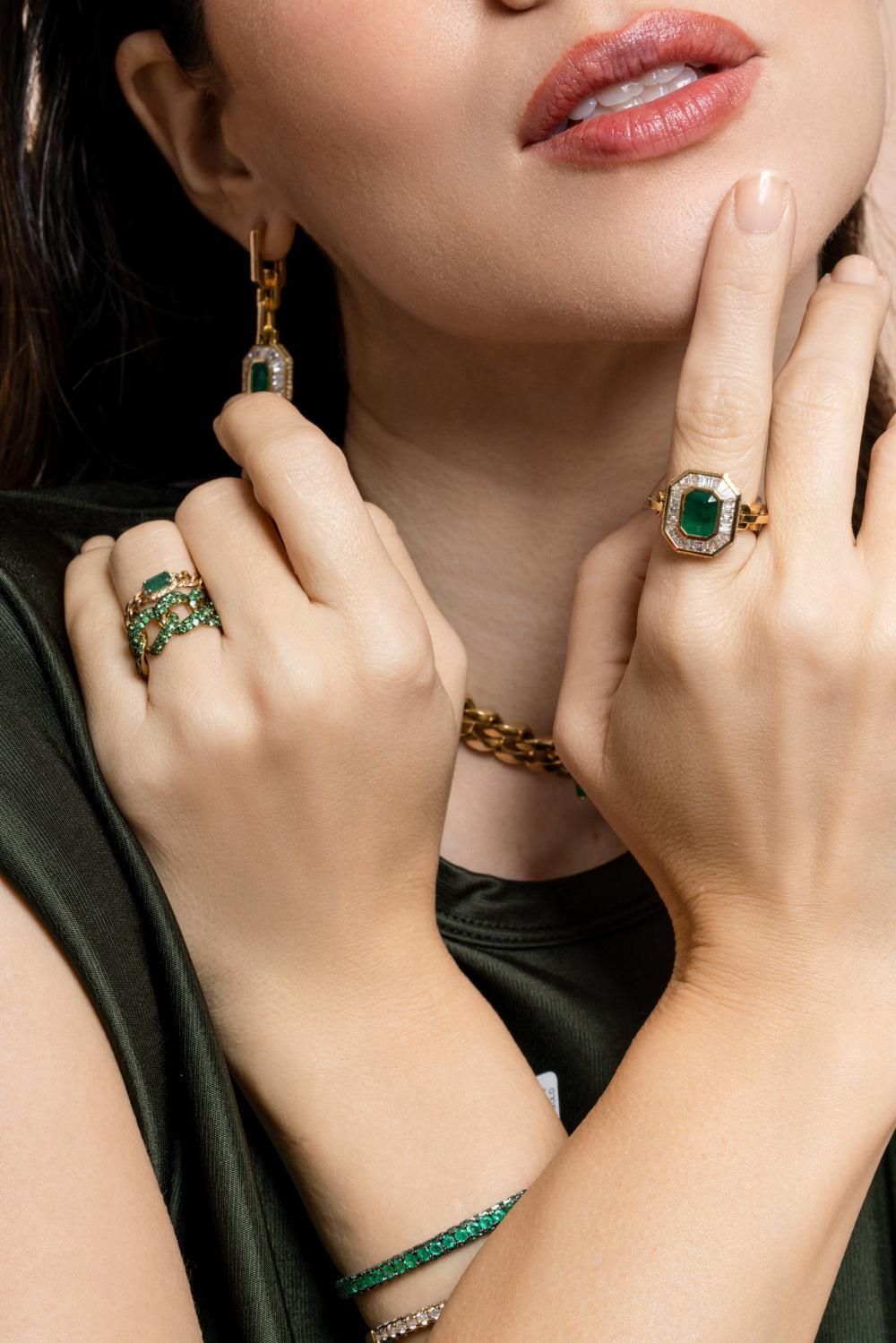 Emerald Rectangle Baby Link Ring-YELLOW GOLD-7-JEWELRYFINE JEWELRING-SHAY JEWELRY