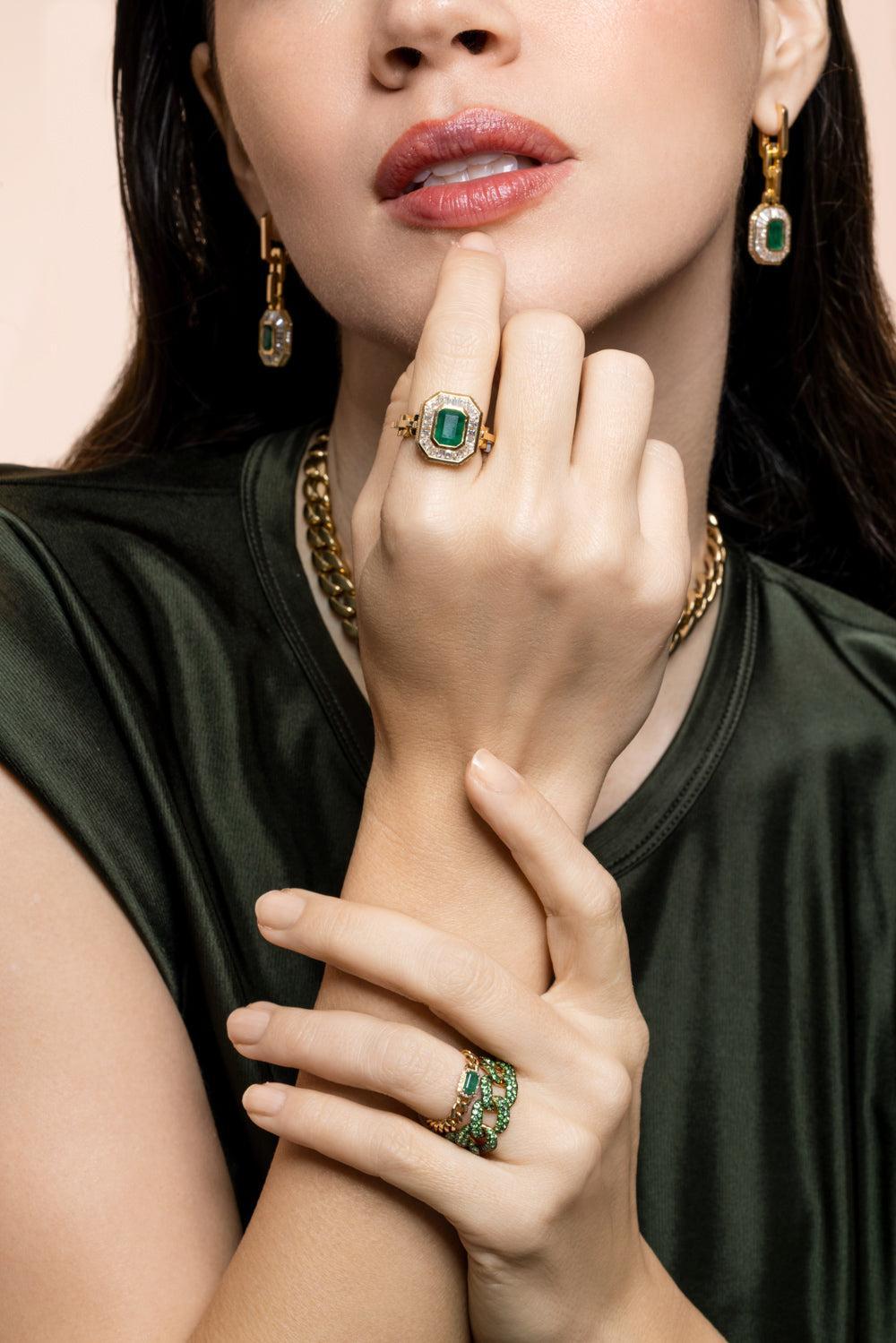 Emerald Rectangle Baby Link Ring-YELLOW GOLD-7-JEWELRYFINE JEWELRING-SHAY JEWELRY