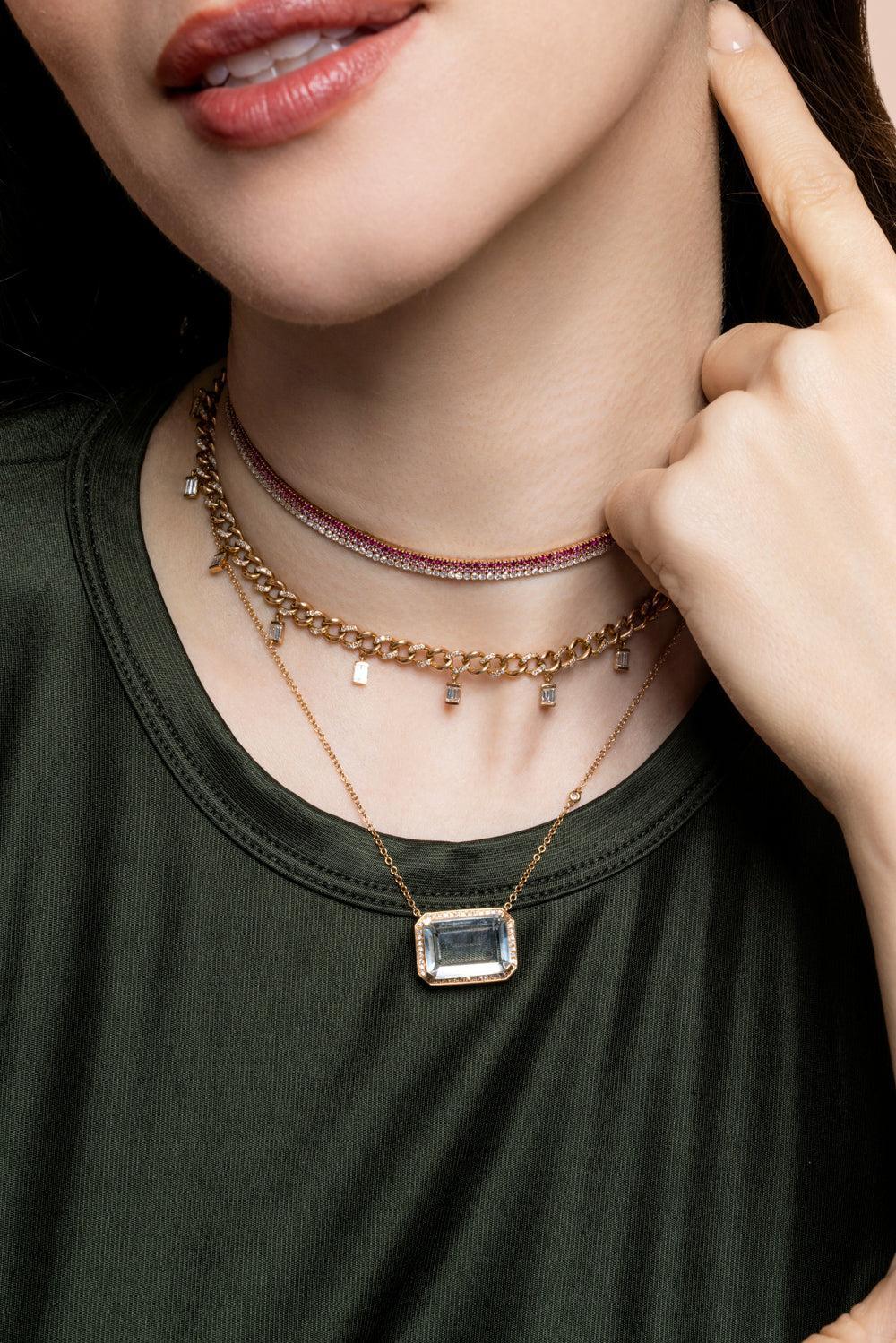 Diamond Baguette Drop Link Choker Necklace-ROSE GOLD-JEWELRYFINE JEWELNECKLACE O-SHAY JEWELRY