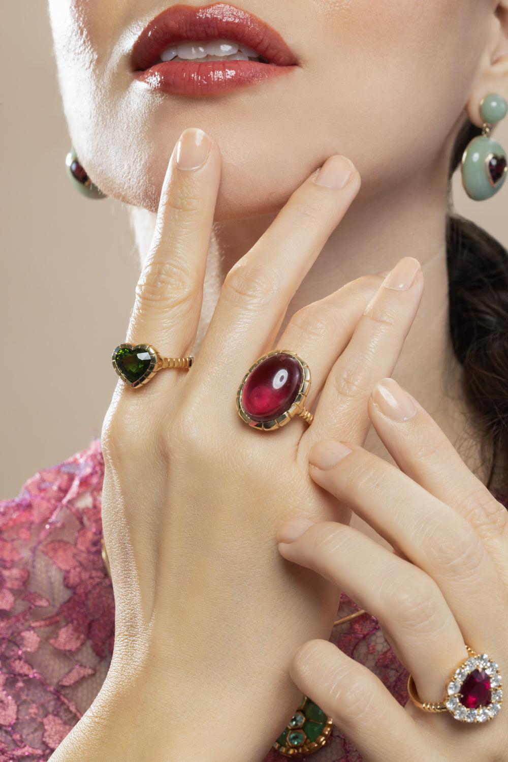 Green Tourmaline Bezel Heirloom Ring-YELLOW GOLD-7-JEWELRYFINE JEWELRING-RETROUVAI