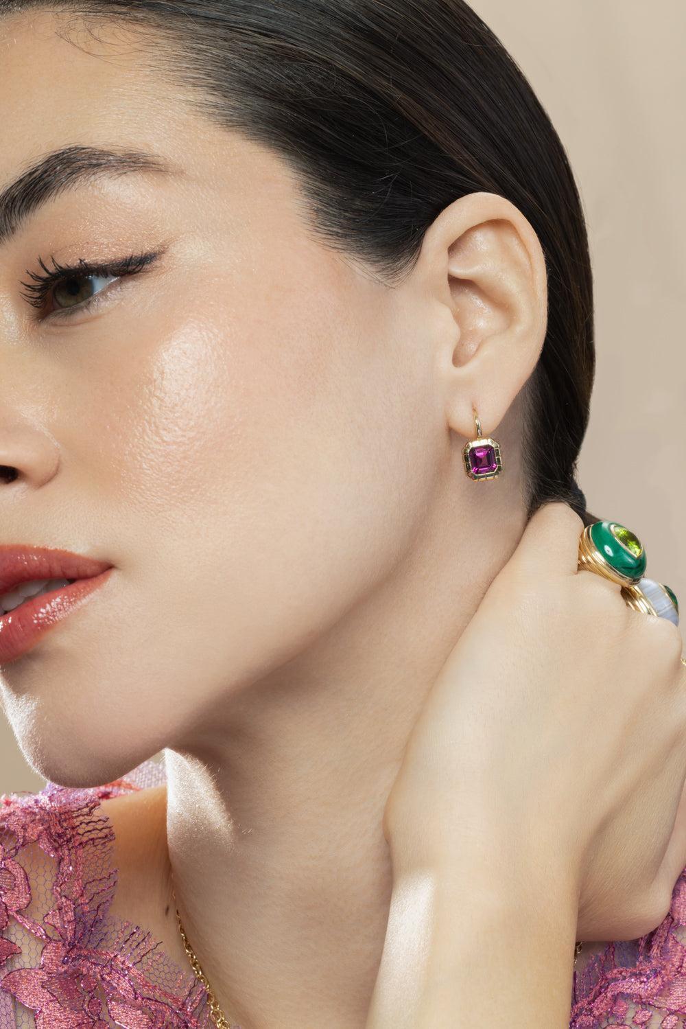 Rhodolite Garnet Heirloom Bezel Earrings-YELLOW GOLD-JEWELRYFINE JEWELEARRING-RETROUVAI