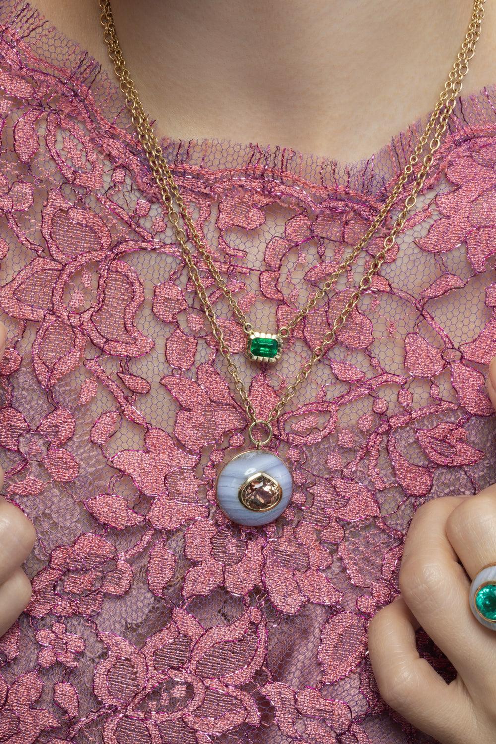 Peach Tourmaline Blue Lace Agate Lollipop Pendant Necklace-YELLOW GOLD-18-JEWELRYBOUTIQUENECKLACE O-RETROUVAI