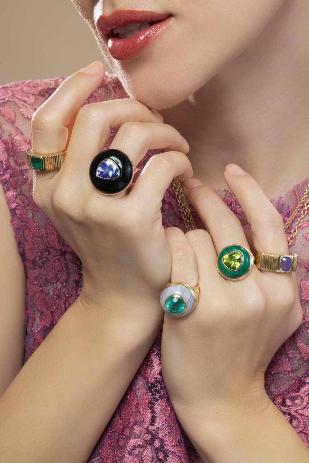 Emerald Blue Agate Petite Lollipop Ring-YELLOW GOLD-7-JEWELRYFINE JEWELRING-RETROUVAI