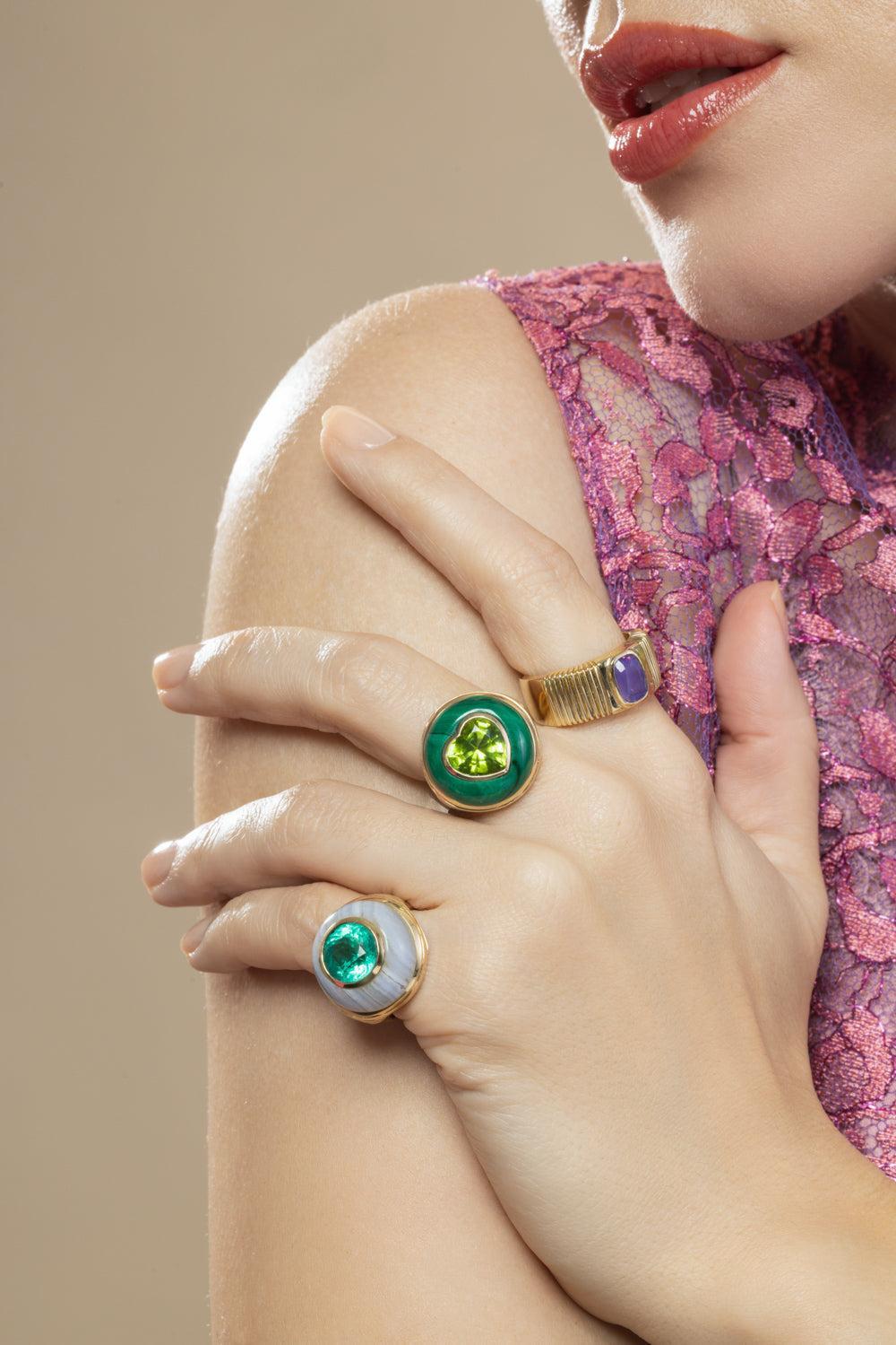 Malachite Peridot Petite Heart Lollipop Ring-YELLOW GOLD-6-JEWELRYFINE JEWELRING-RETROUVAI