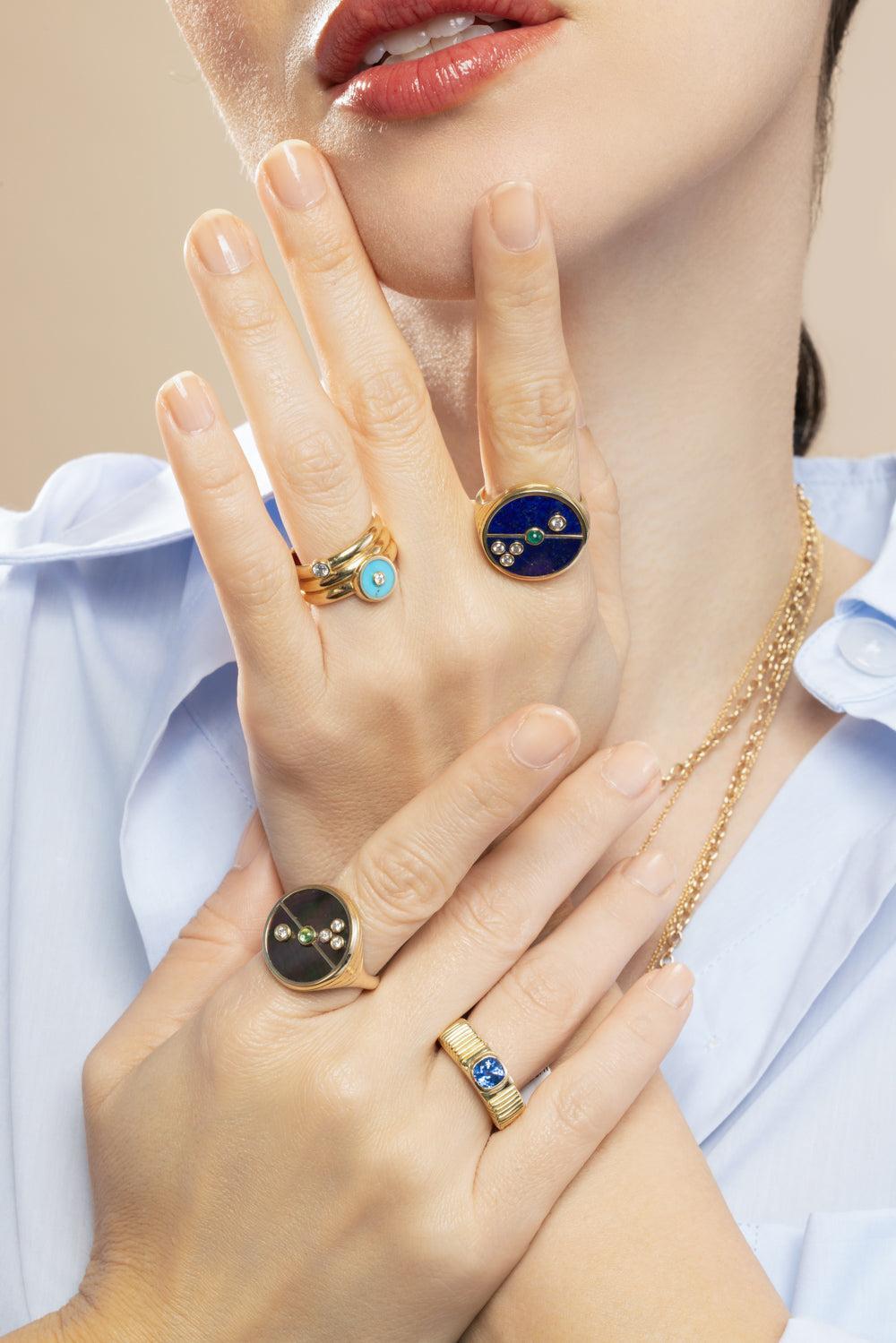Lapis Emerald Compass Ring-YELLOW GOLD-8-JEWELRYFINE JEWELRING-RETROUVAI