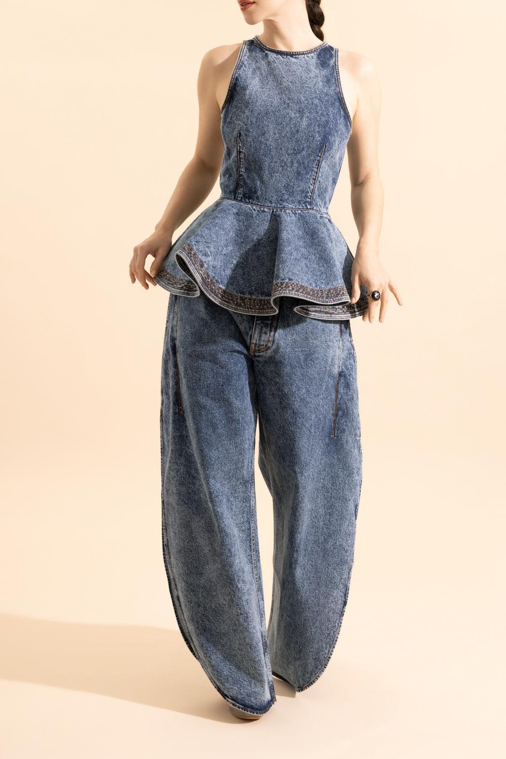 Peplum Sleeveless Top-BLEU-36-CLOTHINGTOPBLOUSE-ALAÏA