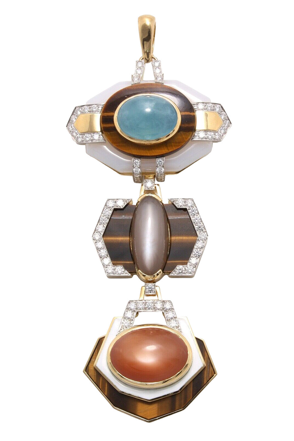Aquamarine Diamond Tiger Eye Agate Pendant