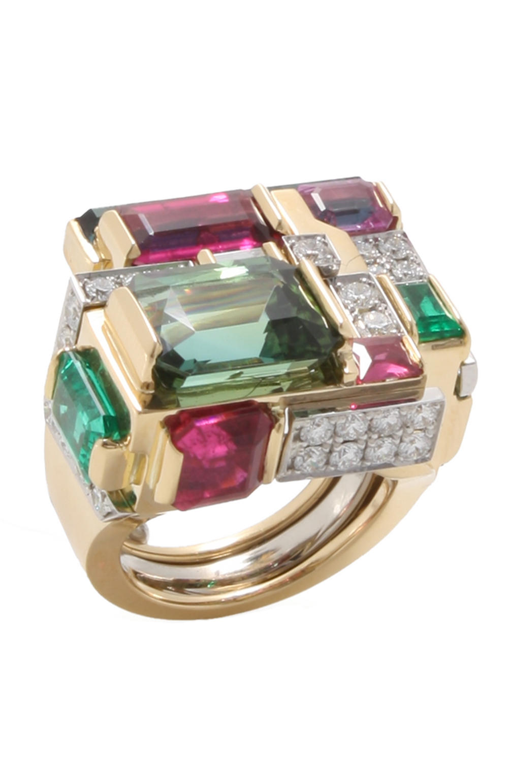 Green Tourmaline Ruelite Diamond Cubist Ring