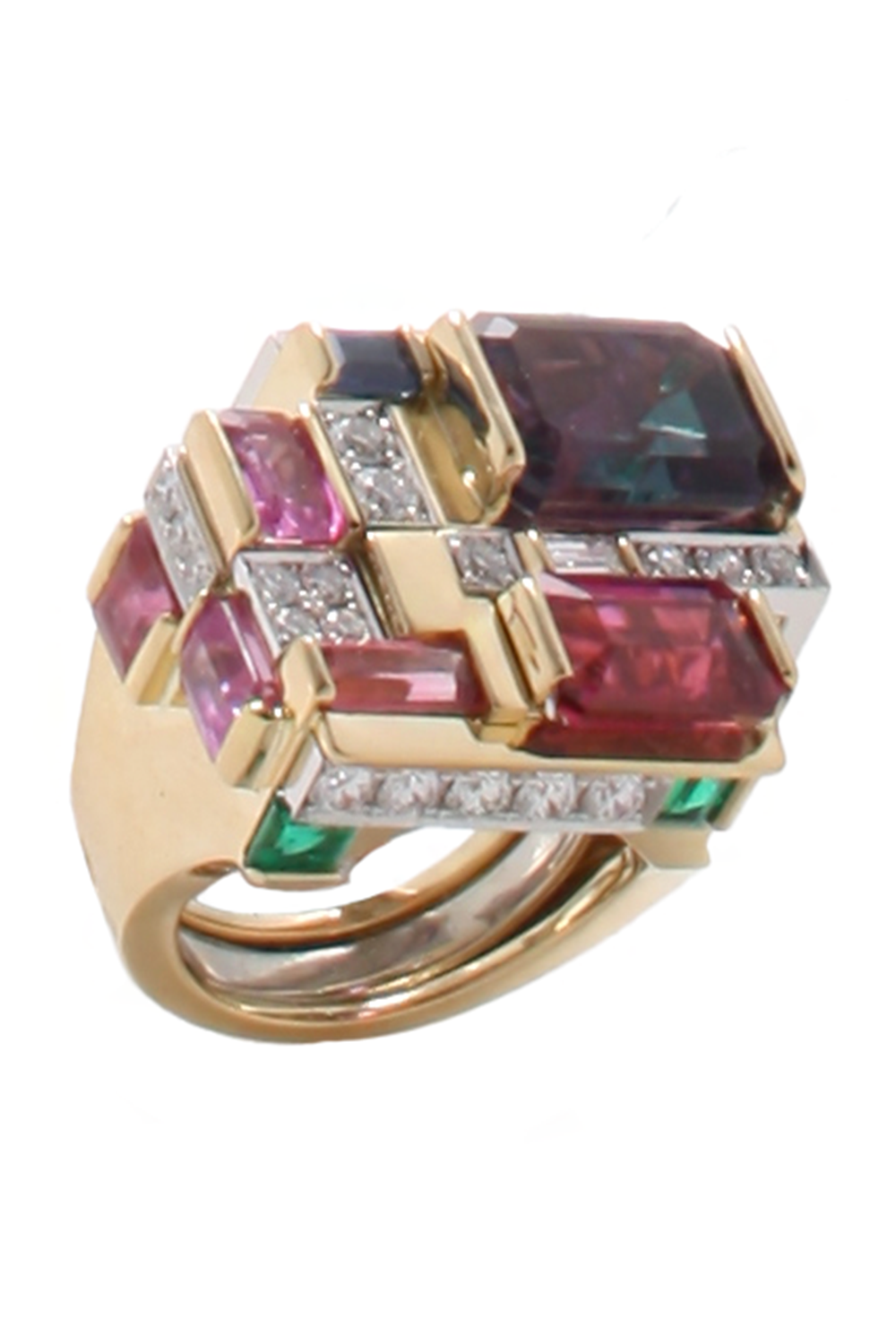 Amethyst Rubellite Diamond Cubist Ring