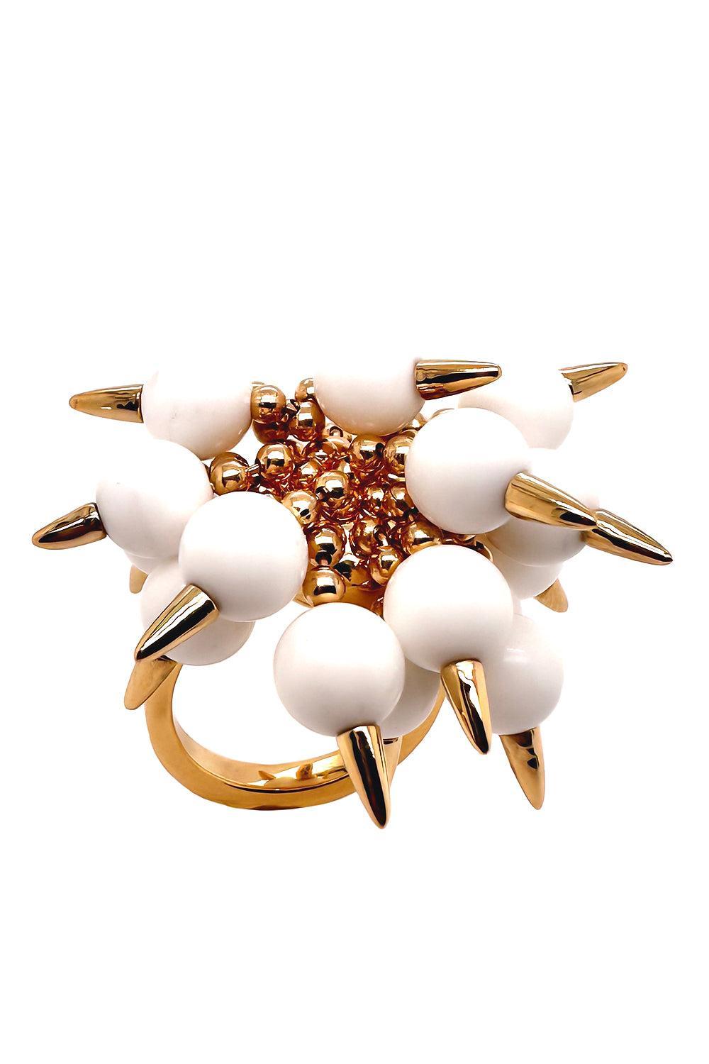 Whte Onyx Spiked Muse Ring-YELLOW GOLD-JEWELRYFINE JEWELRING-ALETTO BROTHERS