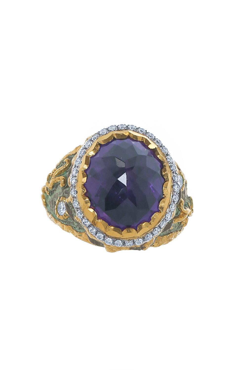 Amethyst And White Patina Ring-YELLOW GOLD-7.5-JEWELRYFINE JEWELRING-VICTOR VELYAN