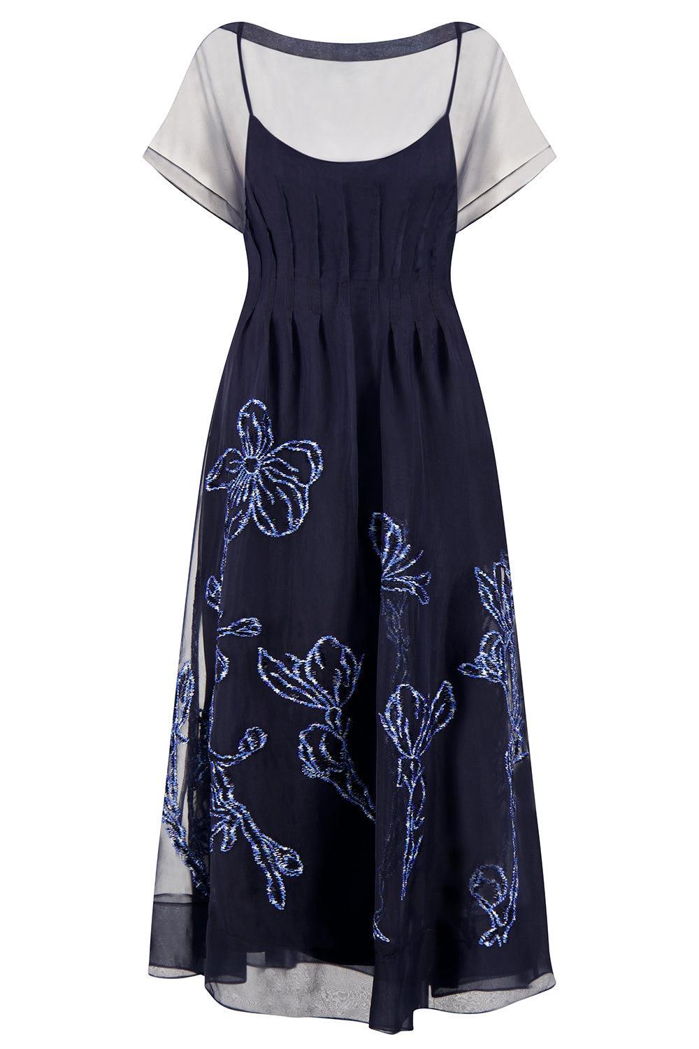 Embroidered Short Sleeve Dress-BLUE-4-CLOTHINGDRESSCOCKTAIL-LELA ROSE