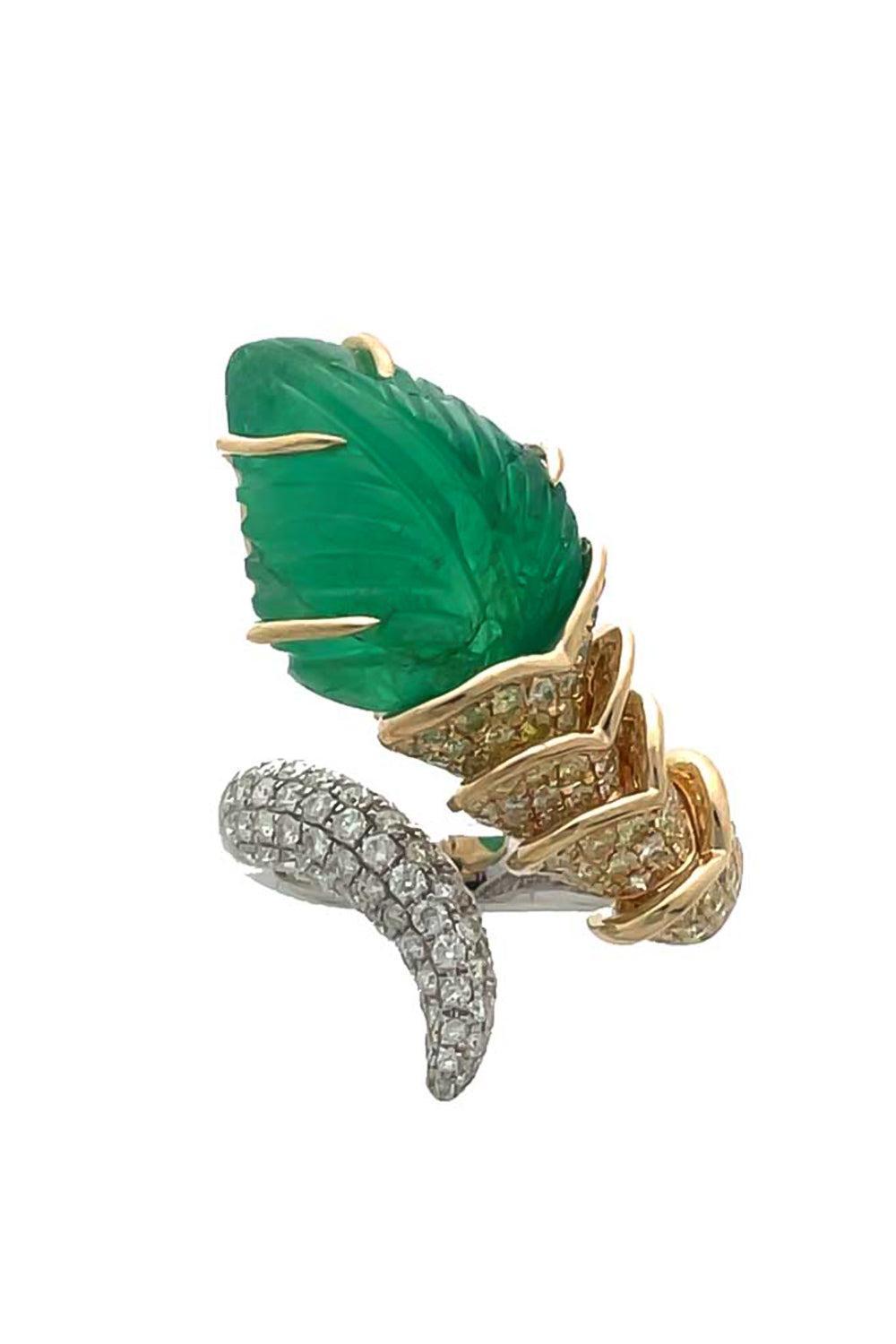 Emerald Diamond Carved Leaf Wrap Ring-WHITE GOLD-7-JEWELRYFINE JEWELRING-PIRANESI